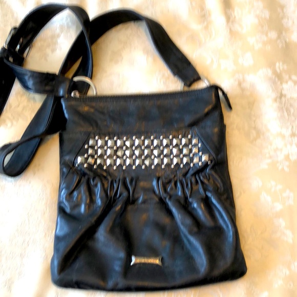 JOANEL BLACK LEATHER STUDDED CROSS BODY WIDE STAP MULTI POCKETS & ZIPPERS - #181 - Picture 1 of 16